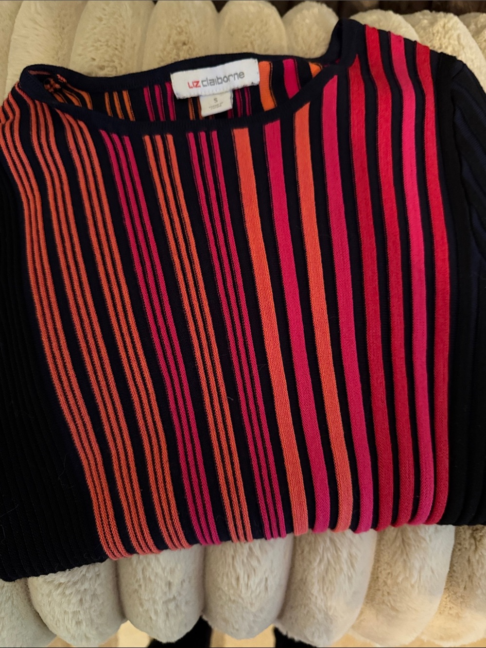 Liz Claiborne Black Top with Pink and Orange Vertical Stripes - Picture 3 of 3